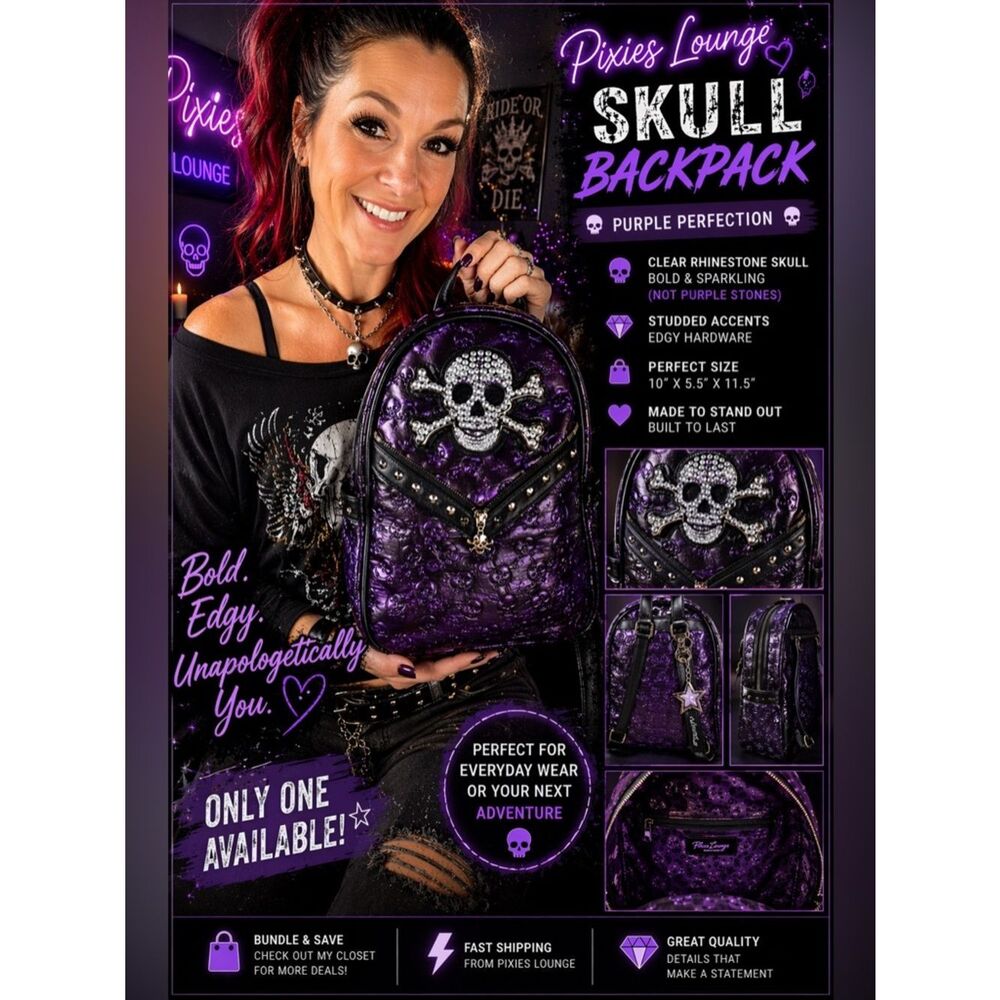 Purple Skull Backpack – Rhinestone Studded Biker Glam | Pixies Lounge 💜